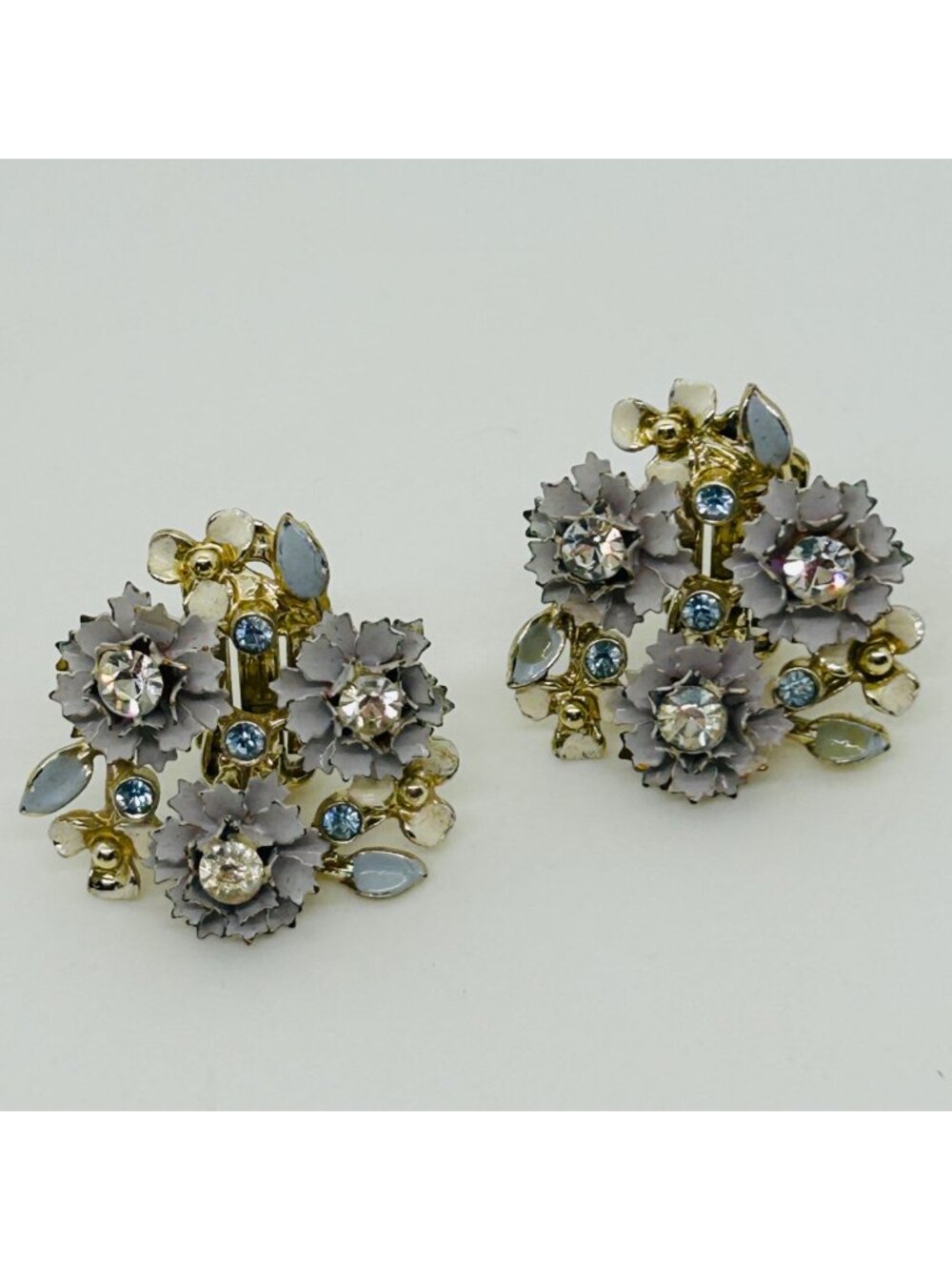 Light Blue Enamel Clip-On Earrings Flower Cluster Rhinestone Wedding Vintage